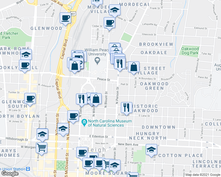 map of restaurants, bars, coffee shops, grocery stores, and more near 529 North Blount Street in Raleigh