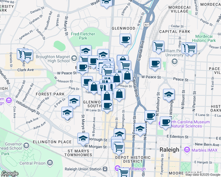map of restaurants, bars, coffee shops, grocery stores, and more near 510 Glenwood Avenue in Raleigh