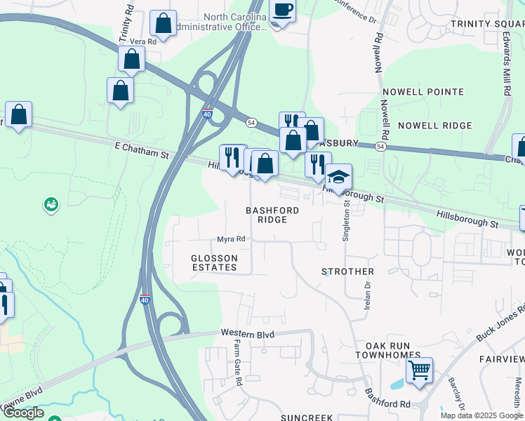 map of restaurants, bars, coffee shops, grocery stores, and more near 25 Bashford Road in Raleigh