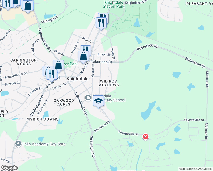 map of restaurants, bars, coffee shops, grocery stores, and more near 101 Sir Scott in Knightdale
