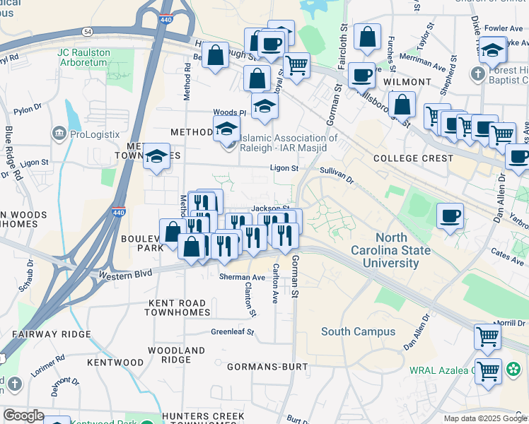 map of restaurants, bars, coffee shops, grocery stores, and more near 3821 Jackson Street in Raleigh
