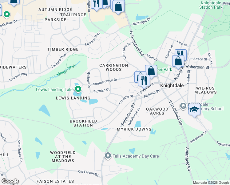map of restaurants, bars, coffee shops, grocery stores, and more near 115 Spur Lane in Knightdale