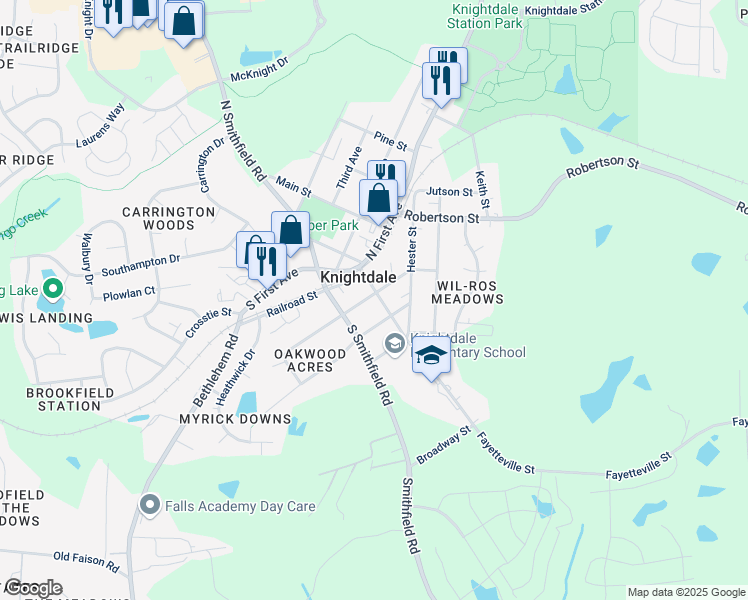 map of restaurants, bars, coffee shops, grocery stores, and more near 101 Park Avenue in Knightdale