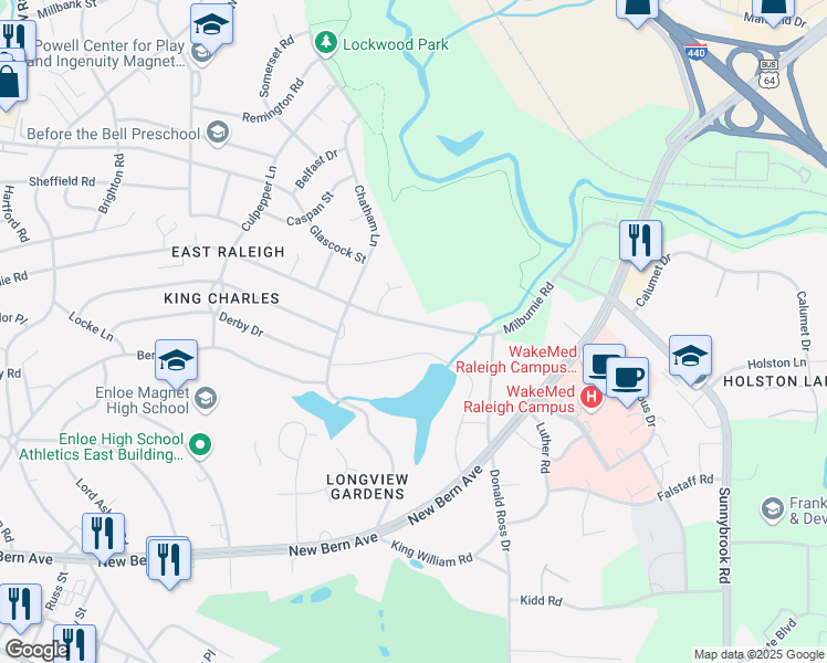 map of restaurants, bars, coffee shops, grocery stores, and more near 2744 Milburnie Road in Raleigh