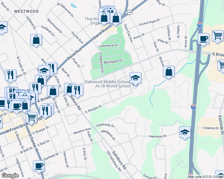 map of restaurants, bars, coffee shops, grocery stores, and more near 209 South Oakwood Drive in Statesville