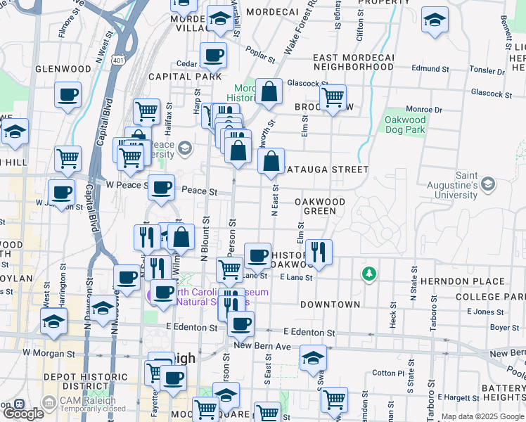 map of restaurants, bars, coffee shops, grocery stores, and more near 520 North Bloodworth Street in Raleigh
