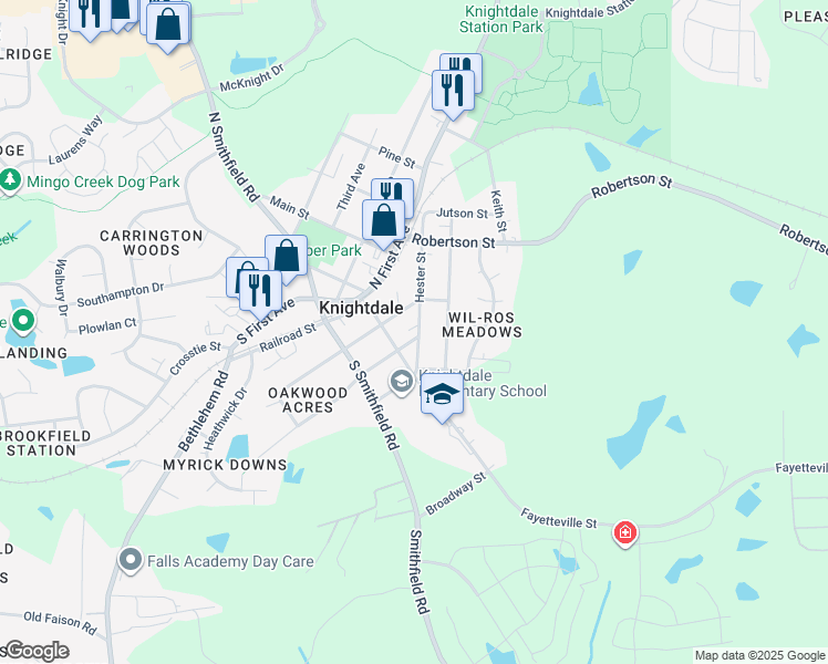 map of restaurants, bars, coffee shops, grocery stores, and more near 203 Hester Street in Knightdale