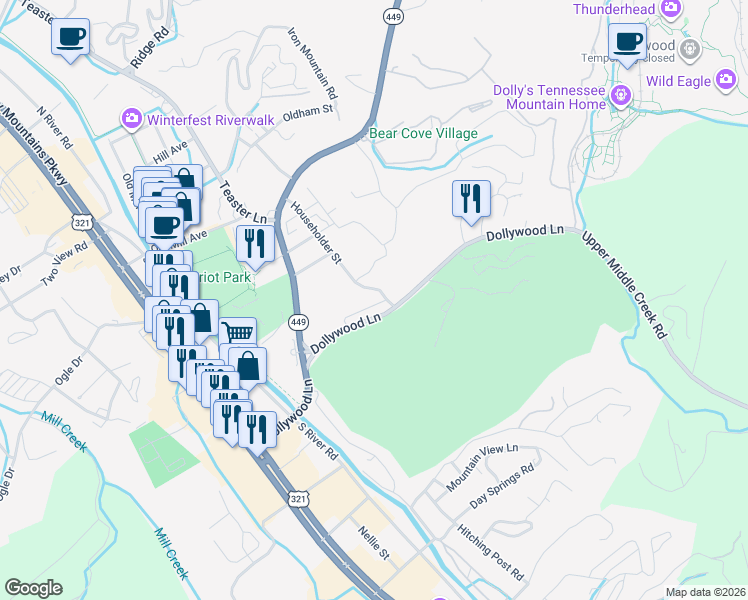 map of restaurants, bars, coffee shops, grocery stores, and more near 3604 Householder Street in Pigeon Forge