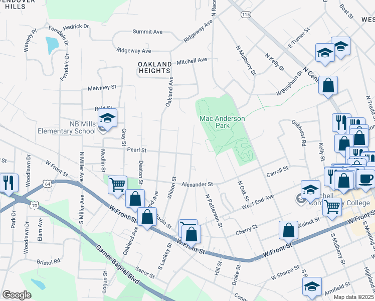 map of restaurants, bars, coffee shops, grocery stores, and more near 405 North Lackey Street in Statesville