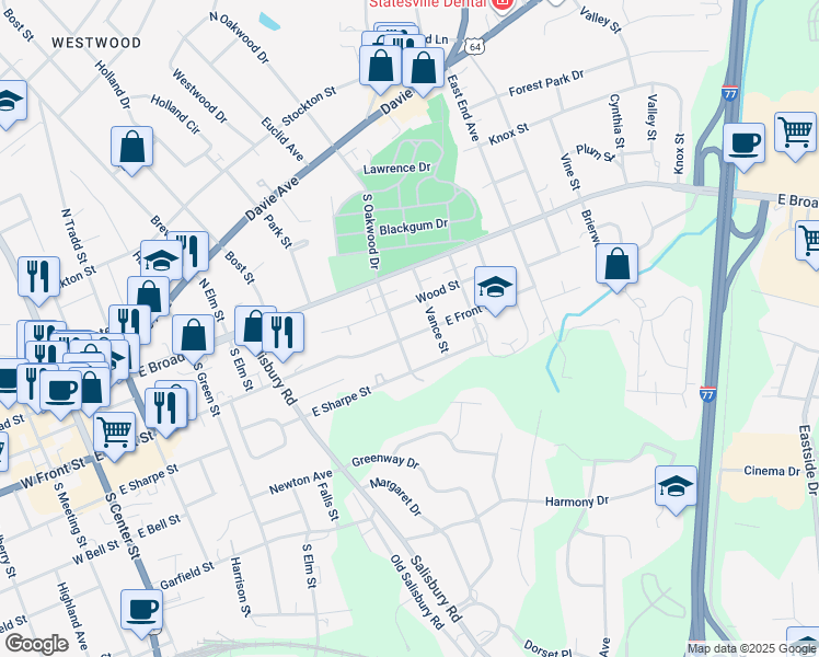 map of restaurants, bars, coffee shops, grocery stores, and more near 709 East Front Street in Statesville