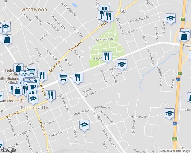 map of restaurants, bars, coffee shops, grocery stores, and more near 622 Wood Street in Statesville