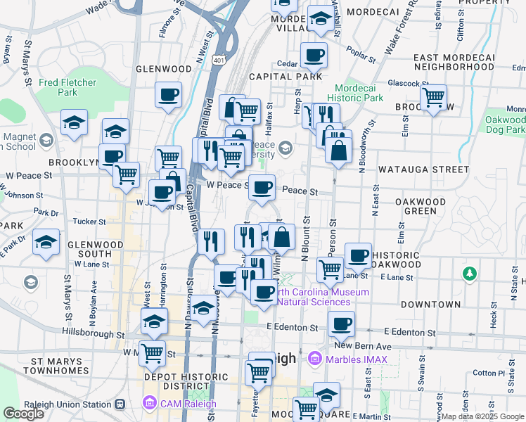 map of restaurants, bars, coffee shops, grocery stores, and more near 512 North Salisbury Street in Raleigh