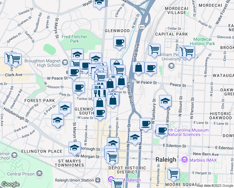 map of restaurants, bars, coffee shops, grocery stores, and more near 451 North Harrington Street in Raleigh