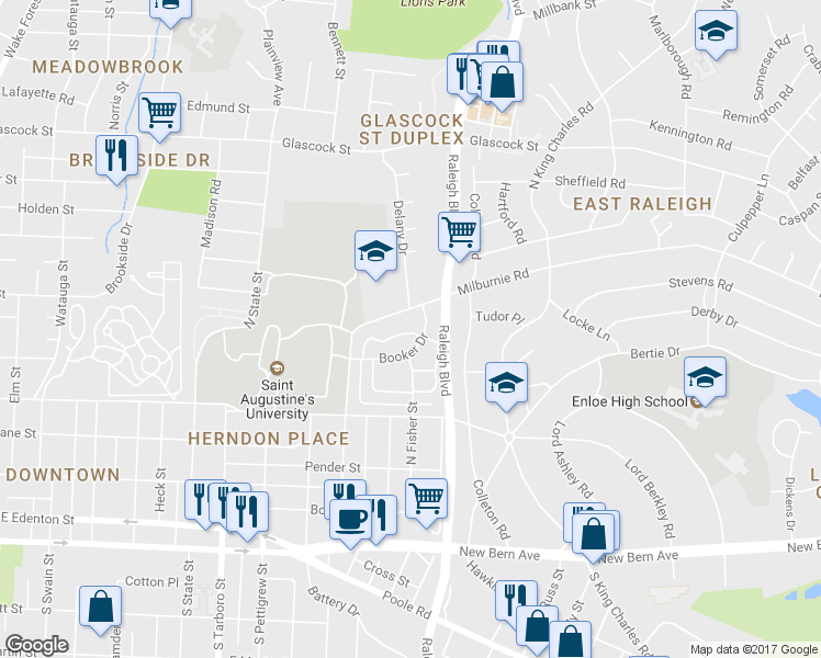 map of restaurants, bars, coffee shops, grocery stores, and more near 1980 Seawright Place in Raleigh
