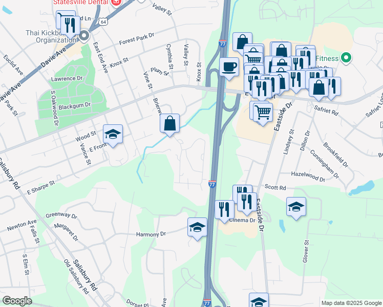 map of restaurants, bars, coffee shops, grocery stores, and more near 311 Glenhaven Road in Statesville