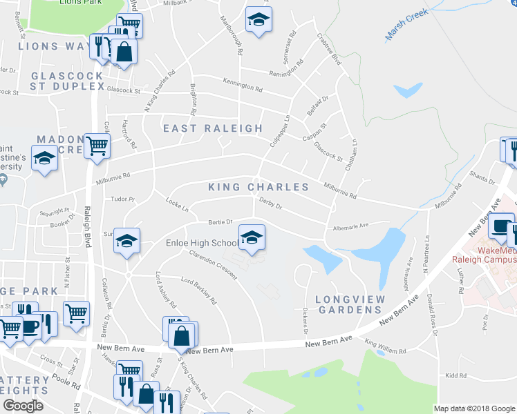 map of restaurants, bars, coffee shops, grocery stores, and more near 408 Culpepper Lane in Raleigh