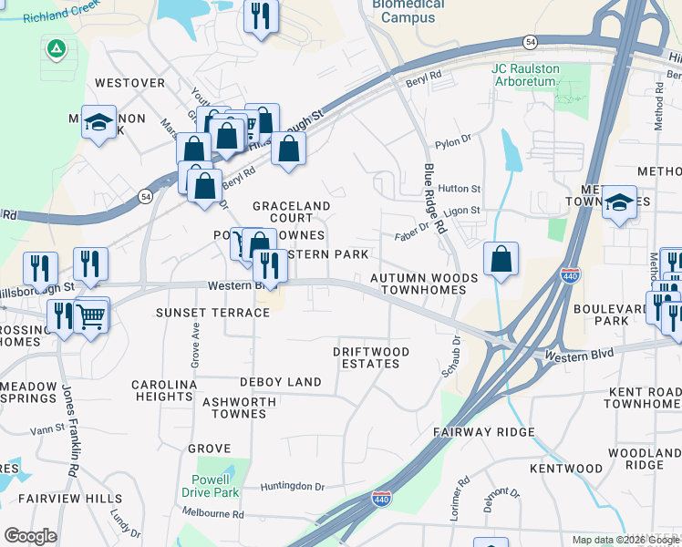 map of restaurants, bars, coffee shops, grocery stores, and more near 4912 Western Boulevard in Raleigh