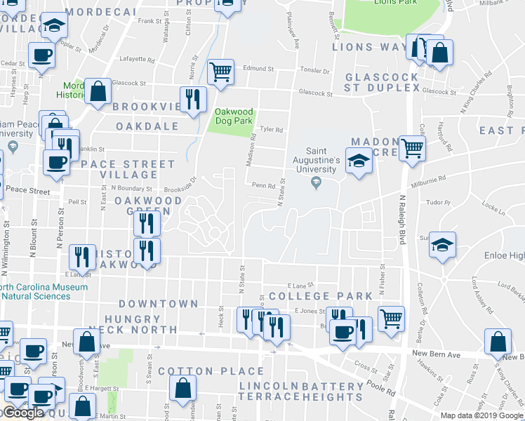 map of restaurants, bars, coffee shops, grocery stores, and more near North State Street in Raleigh