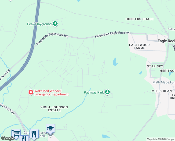 map of restaurants, bars, coffee shops, grocery stores, and more near 2601 Cardinals Perch Lane in Wendell