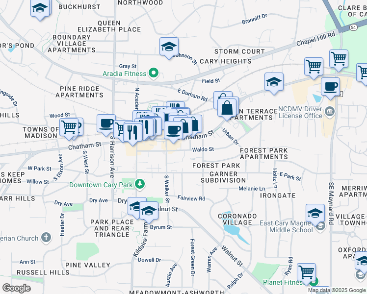 map of restaurants, bars, coffee shops, grocery stores, and more near 217 Waldo St in Cary