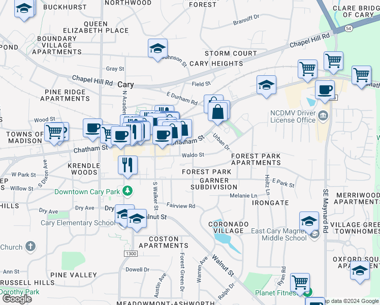map of restaurants, bars, coffee shops, grocery stores, and more near 116 Hunter Street in Cary