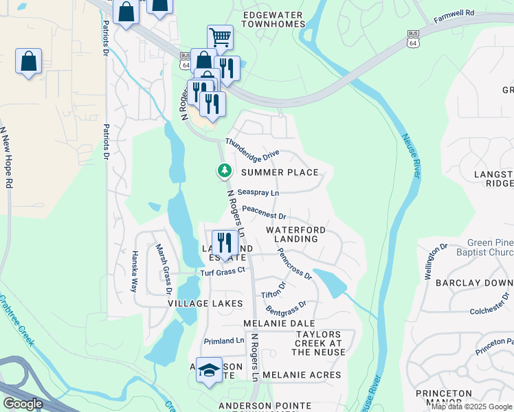 map of restaurants, bars, coffee shops, grocery stores, and more near 5321 Peacenest Drive in Raleigh