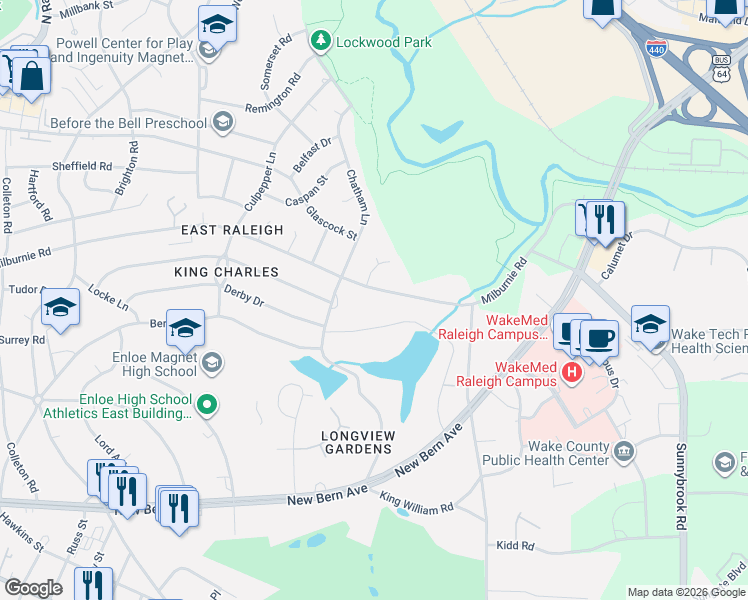 map of restaurants, bars, coffee shops, grocery stores, and more near 2718 Milburnie Road in Raleigh