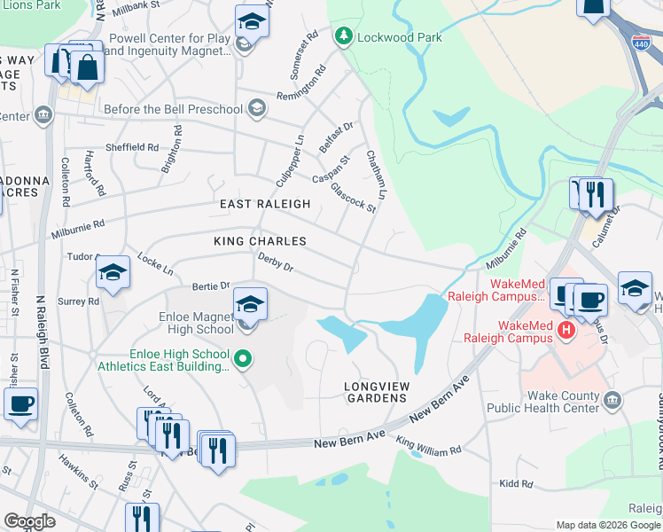 map of restaurants, bars, coffee shops, grocery stores, and more near 2454 Stevens Road in Raleigh