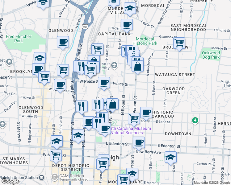 map of restaurants, bars, coffee shops, grocery stores, and more near 510 North Wilmington Street in Raleigh