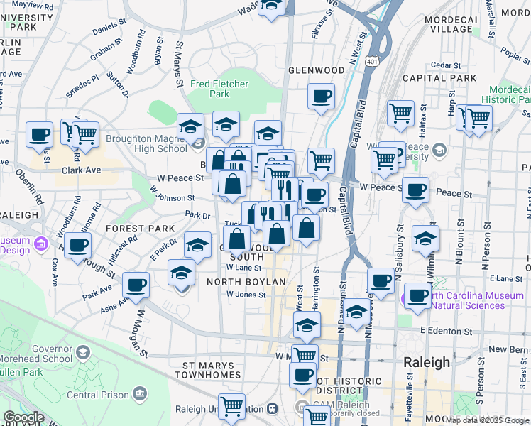 map of restaurants, bars, coffee shops, grocery stores, and more near 509 Glenwood Avenue in Raleigh
