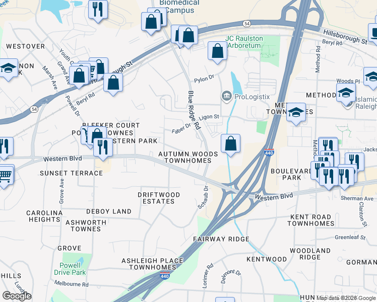 map of restaurants, bars, coffee shops, grocery stores, and more near 4720 Altha Street in Raleigh