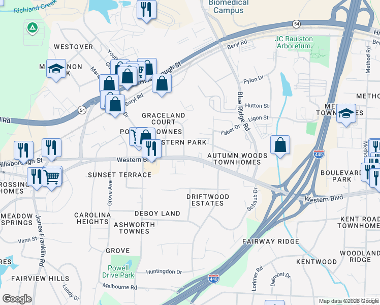 map of restaurants, bars, coffee shops, grocery stores, and more near 4912 Western Boulevard in Raleigh