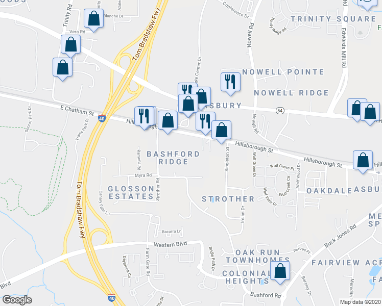 map of restaurants, bars, coffee shops, grocery stores, and more near 6100 Spice Ridge Lane in Raleigh
