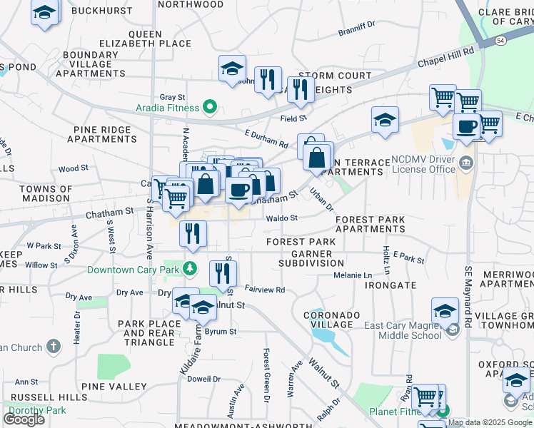 map of restaurants, bars, coffee shops, grocery stores, and more near 217 Waldo Street in Cary