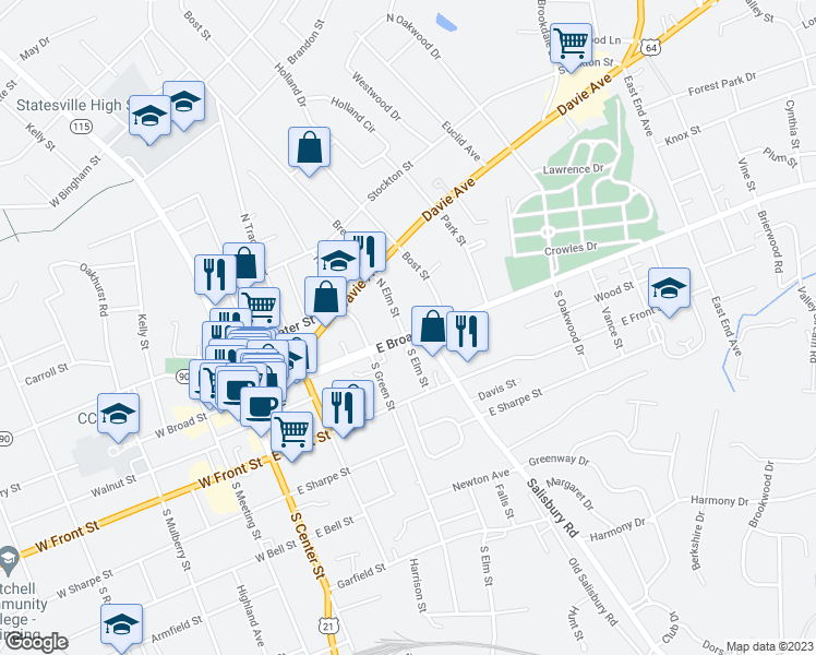map of restaurants, bars, coffee shops, grocery stores, and more near 419 East Broad Street in Statesville
