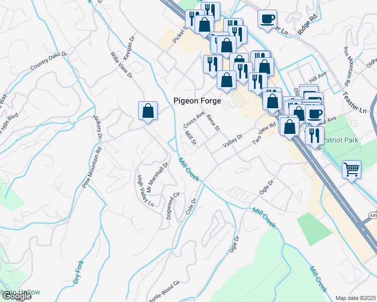 map of restaurants, bars, coffee shops, grocery stores, and more near 412 Dorminey Drive in Pigeon Forge