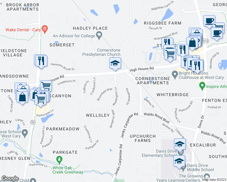 map of restaurants, bars, coffee shops, grocery stores, and more near 101 Bromfield Way in Cary