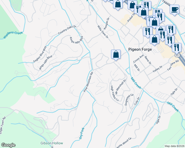 map of restaurants, bars, coffee shops, grocery stores, and more near 619 Pine Mountain Road in Pigeon Forge
