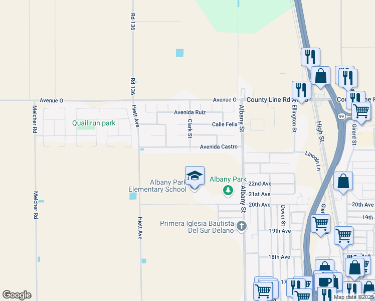 map of restaurants, bars, coffee shops, grocery stores, and more near 302 Avenue Castro in Delano