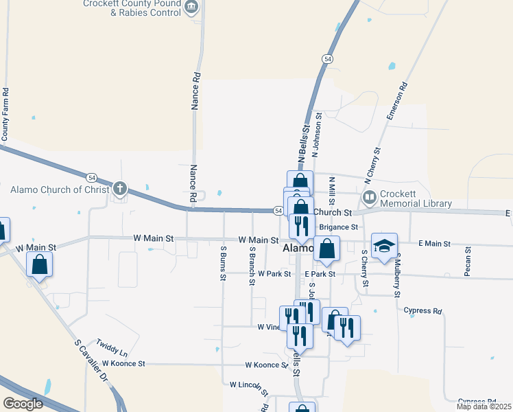 map of restaurants, bars, coffee shops, grocery stores, and more near 148 West Church Street in Alamo