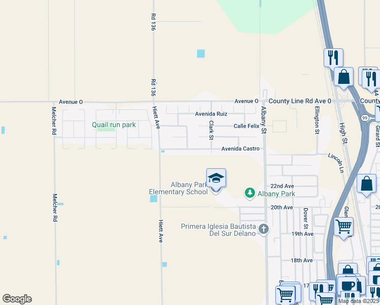 map of restaurants, bars, coffee shops, grocery stores, and more near 334 Avenue Castro in Delano