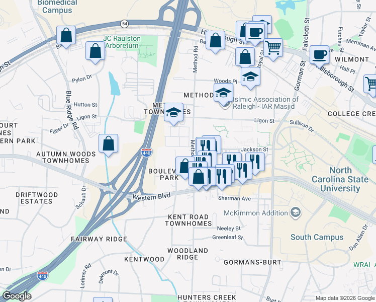 map of restaurants, bars, coffee shops, grocery stores, and more near 900 Method Road in Raleigh