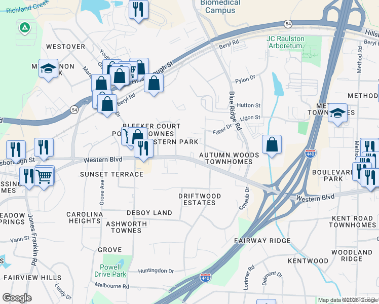 map of restaurants, bars, coffee shops, grocery stores, and more near 4912 Western Boulevard in Raleigh