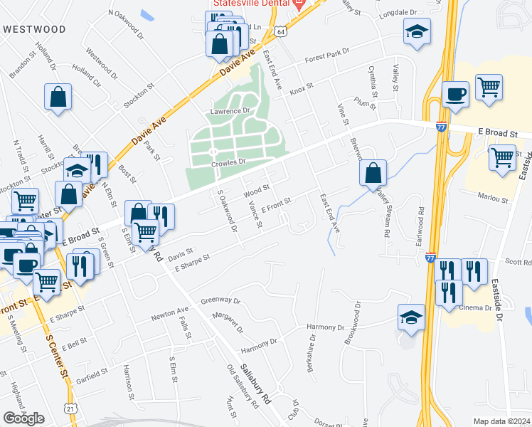 map of restaurants, bars, coffee shops, grocery stores, and more near 806 East Front Street in Statesville