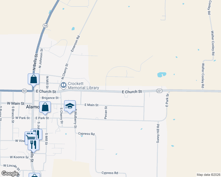 map of restaurants, bars, coffee shops, grocery stores, and more near 637 East Church Street in Alamo