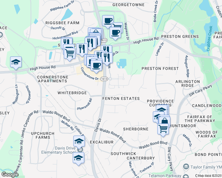 map of restaurants, bars, coffee shops, grocery stores, and more near 134 Walker Stone Drive in Cary