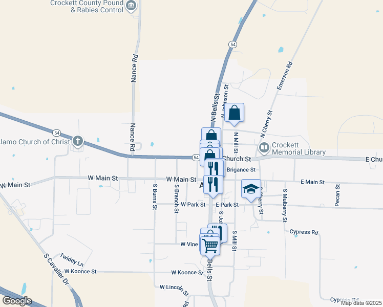 map of restaurants, bars, coffee shops, grocery stores, and more near 148 West Church Street in Alamo