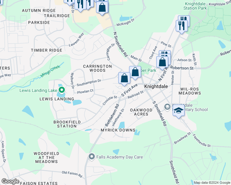 map of restaurants, bars, coffee shops, grocery stores, and more near 101 Sills Avenue in Knightdale