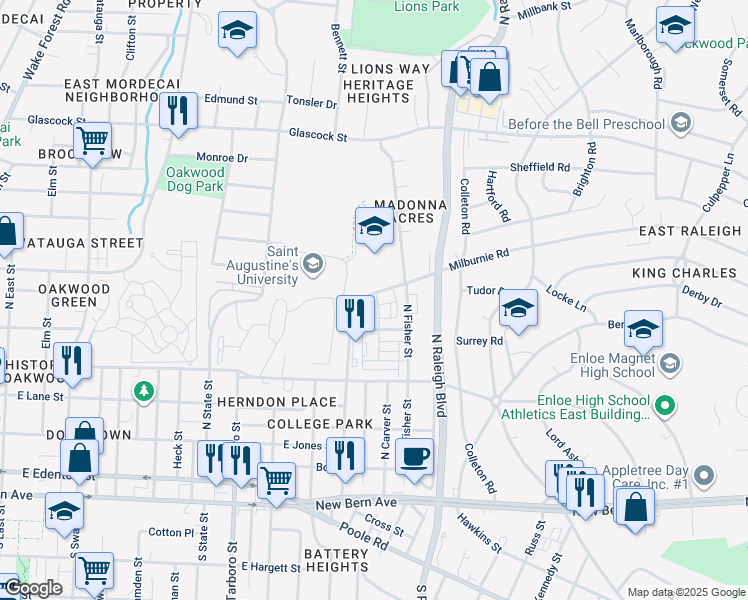 map of restaurants, bars, coffee shops, grocery stores, and more near 1920 Milburnie Road in Raleigh