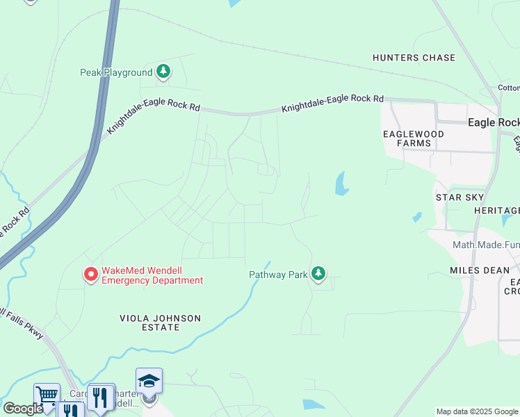 map of restaurants, bars, coffee shops, grocery stores, and more near 2601 Cardinals Perch Lane in Wendell